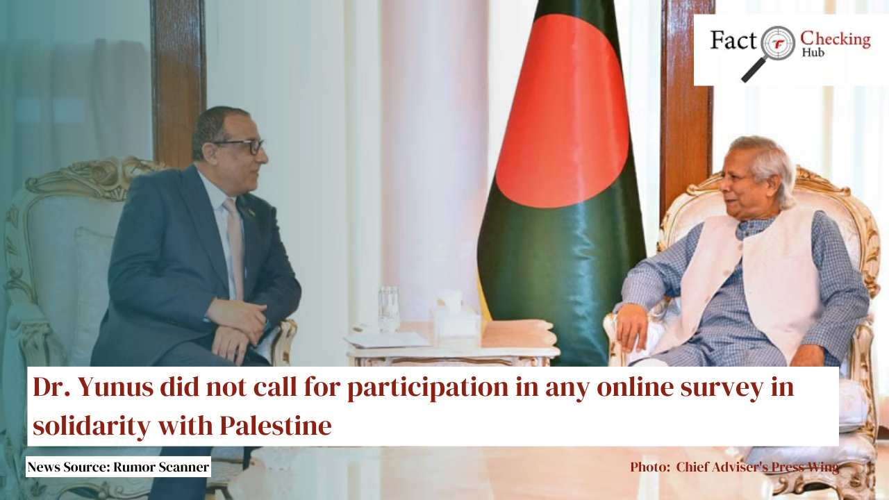 Dr. Yunus did not call for participation in any online survey in solidarity with Palestine