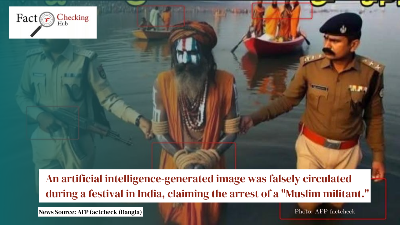 An artificial intelligence-generated image was falsely circulated during a festival in India, claiming the arrest of a "Muslim militant."